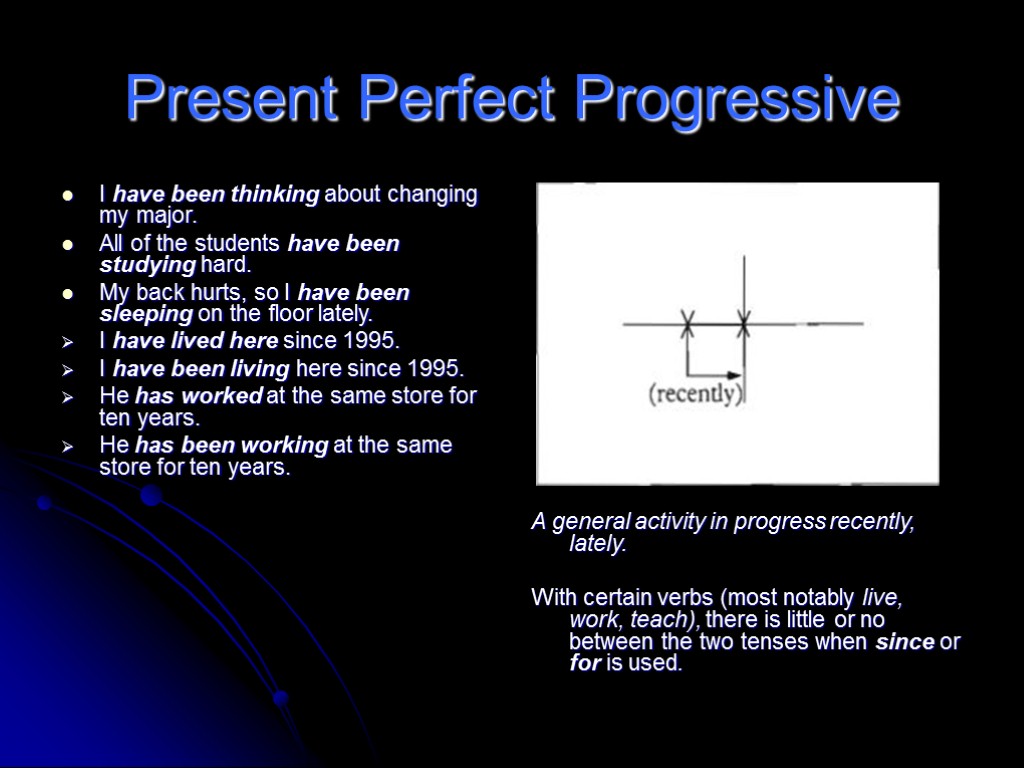 Present Perfect Progressive I have been thinking about changing my major. All of the